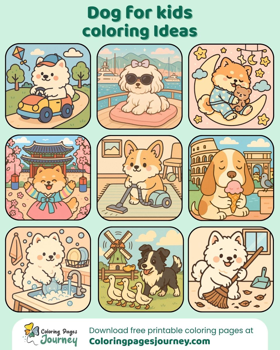Lively dog coloring page ideas for kids to provoke imagination An adorable dog coloring page idea set for kids to enjoy