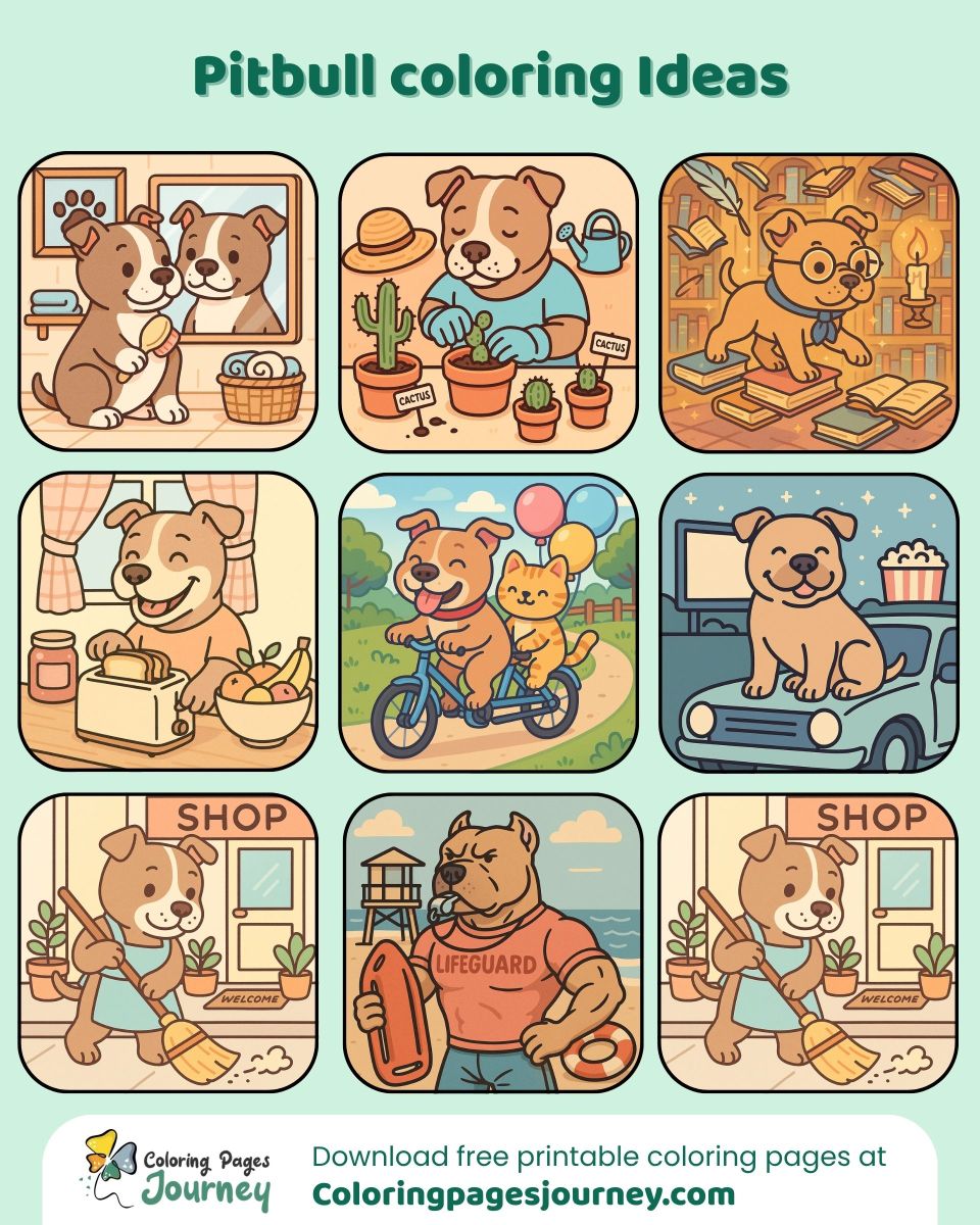Pitbull coloring ideas with fun everyday scenes Pitbull coloring ideas in daily life moments