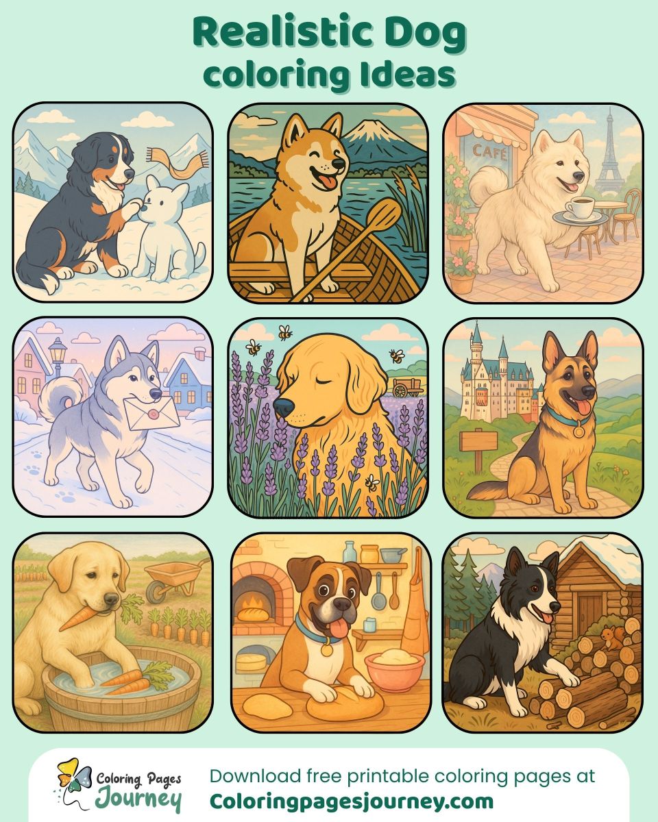 Realistic dog coloring ideas to spark creative fun A collage of realistic dog coloring pages for inspiration