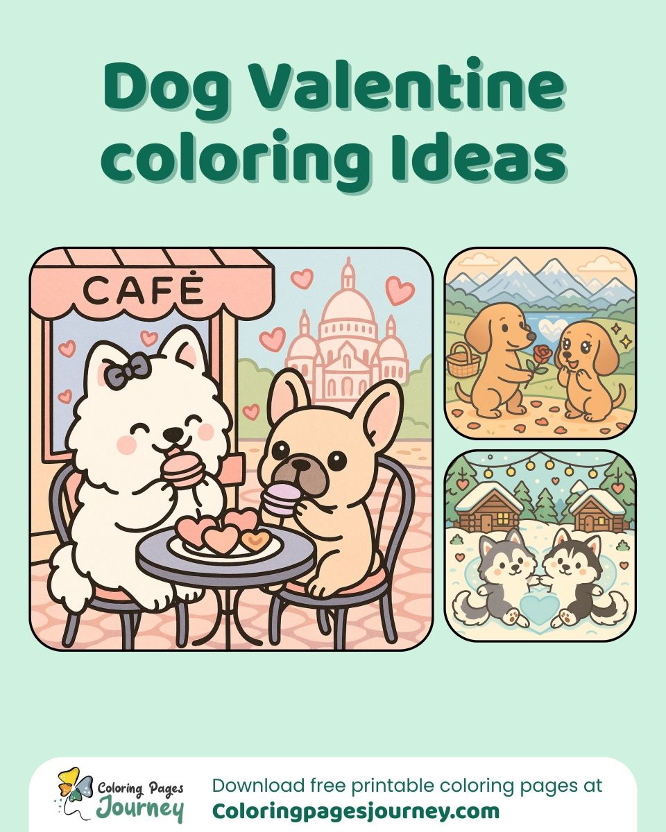 Sweet dog Valentine coloring ideas for creative fun A dog Valentine coloring page collection with cute scenes