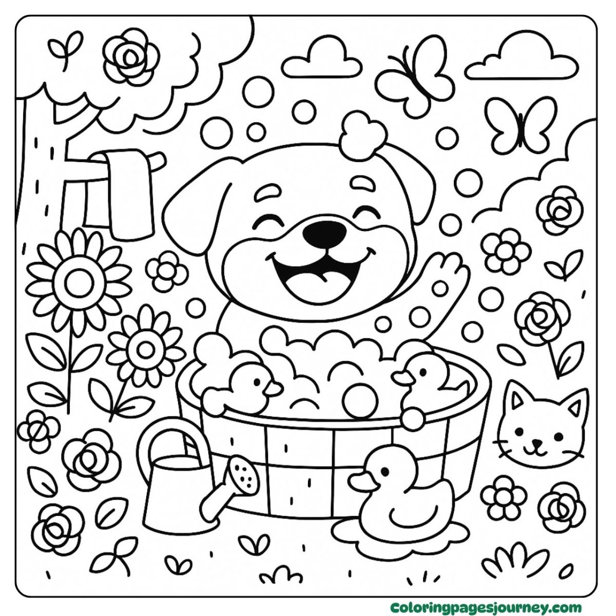 A baby Rottweiler coloring page in a joyful bubble bath garden A baby Rottweiler coloring page with bubbles and garden friends