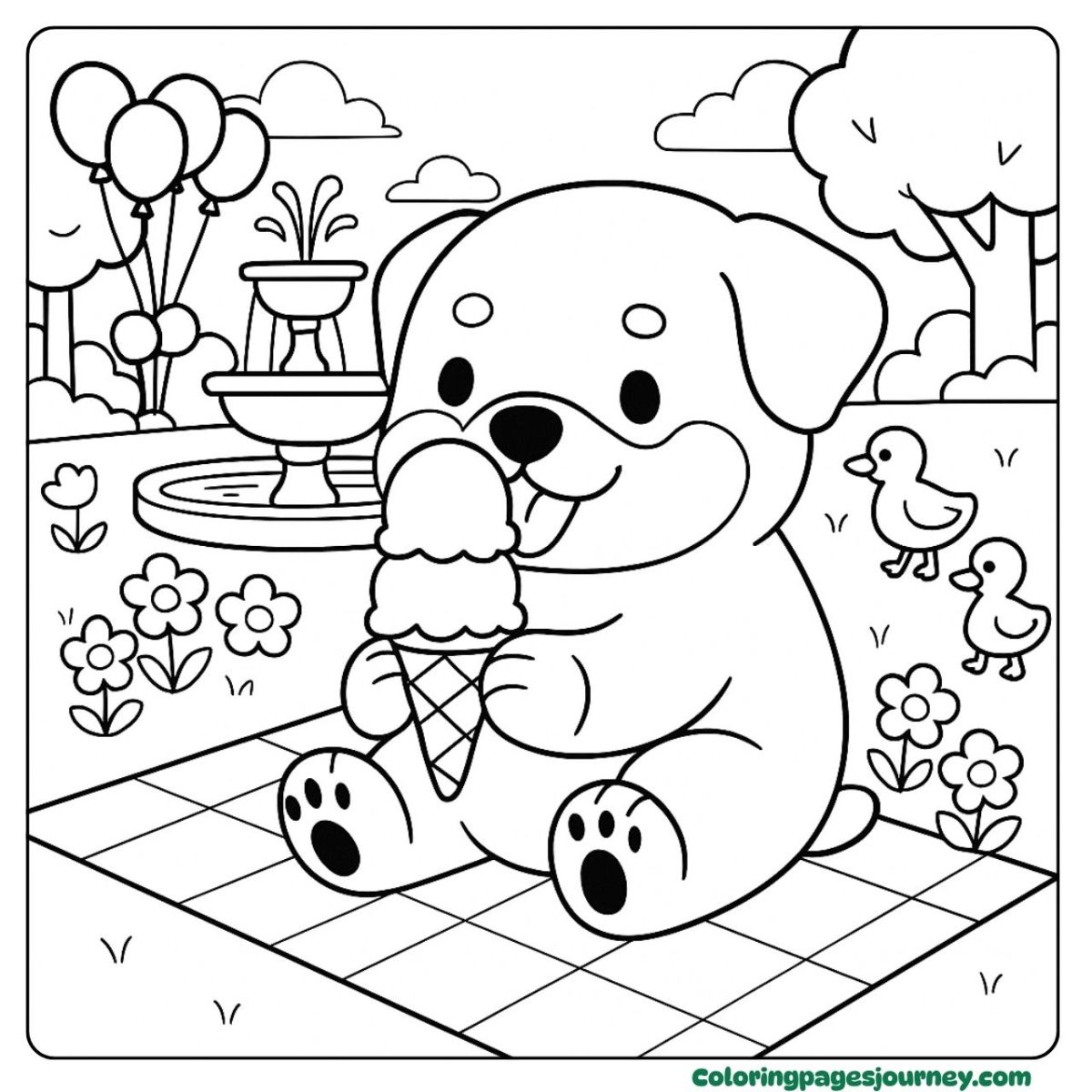 A baby Rottweiler coloring page with a puppy enjoying ice cream A baby Rottweiler coloring page featuring a pup with ice cream