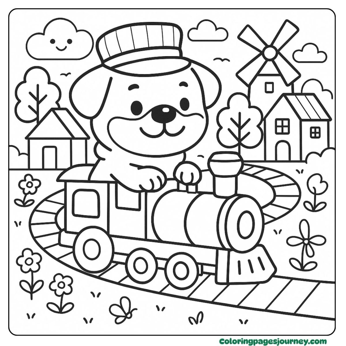 A baby Rottweiler coloring page with a puppy riding a toy train A baby Rottweiler coloring page shows a puppy on a train ride