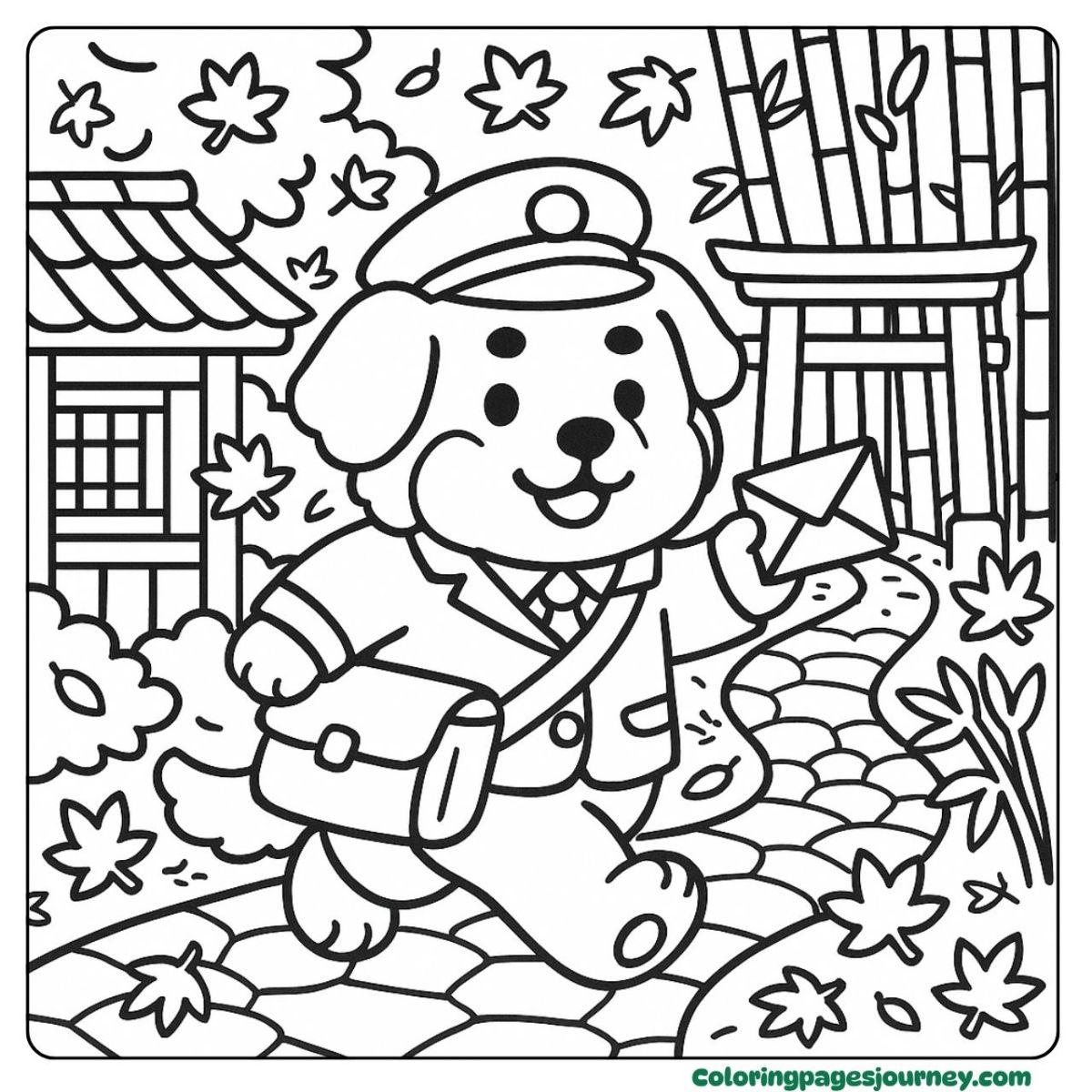A Bernese mountain Dog coloring page as a joyful mail dog Mail delivery theme in a Bernese mountain Dog coloring page