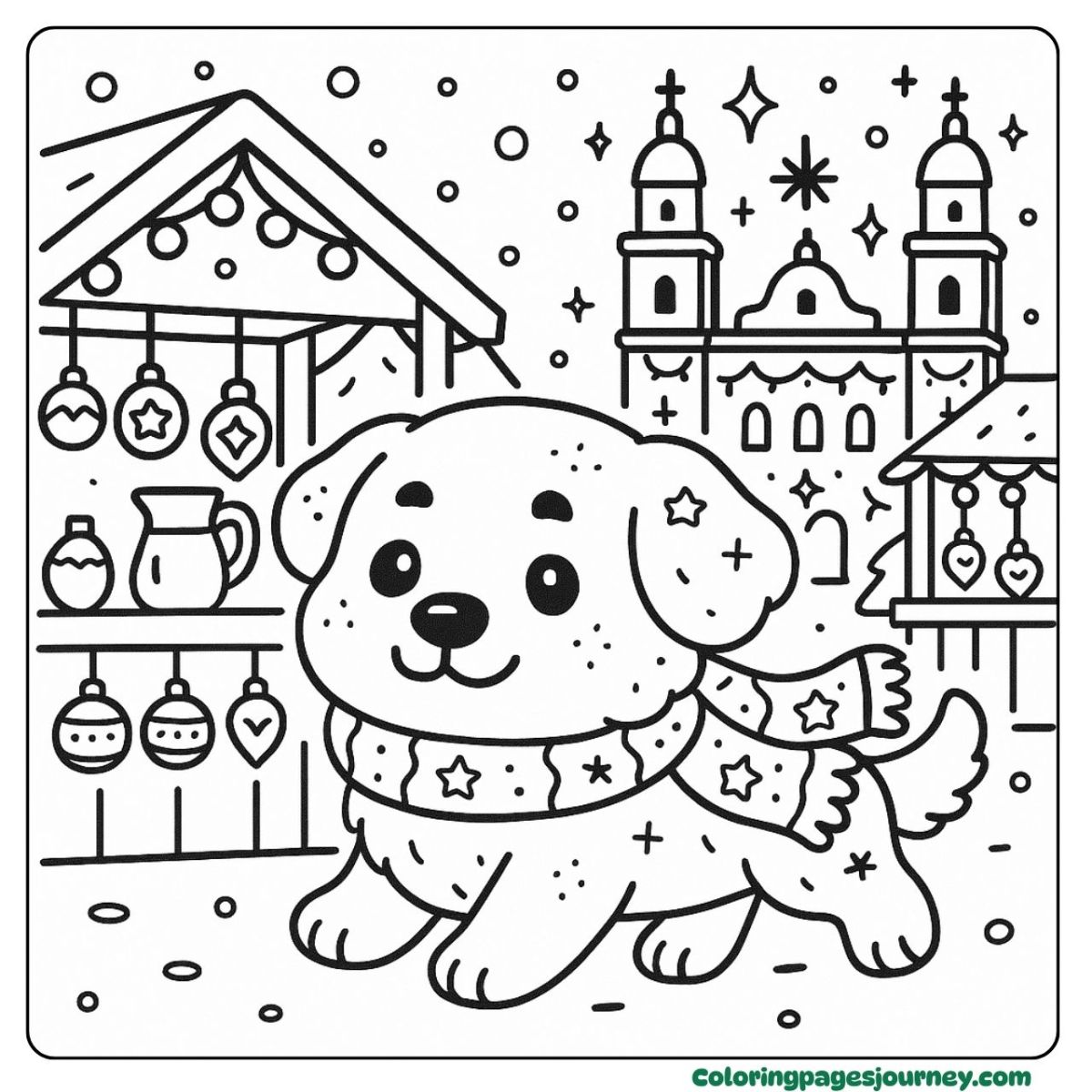 A Bernese mountain Dog coloring page at a Christmas market Holiday market fun in a Bernese mountain Dog coloring page
