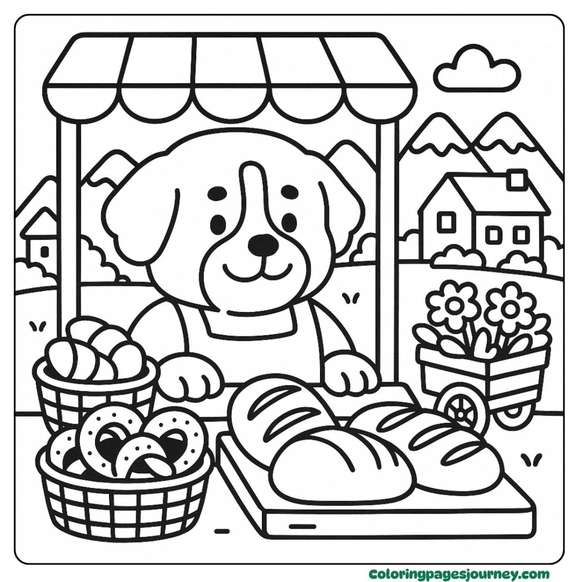 A Bernese mountain Dog coloring page at a village bakery Bread stand scene in a Bernese mountain Dog coloring page