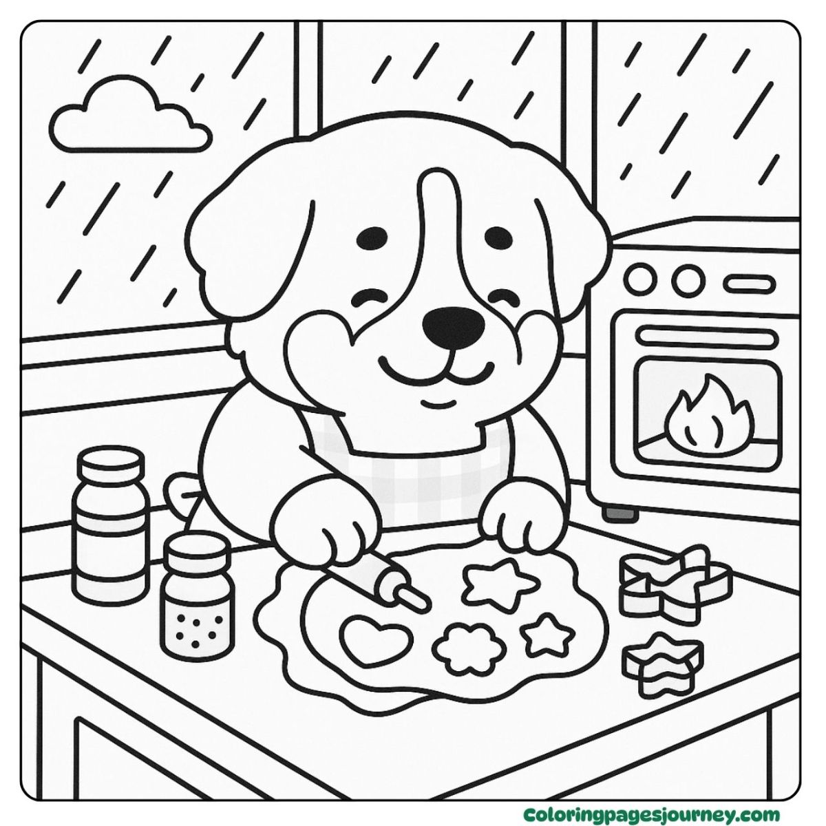 A Bernese mountain Dog coloring page baking cookies indoors Baking activity Bernese mountain Dog coloring page with cookies