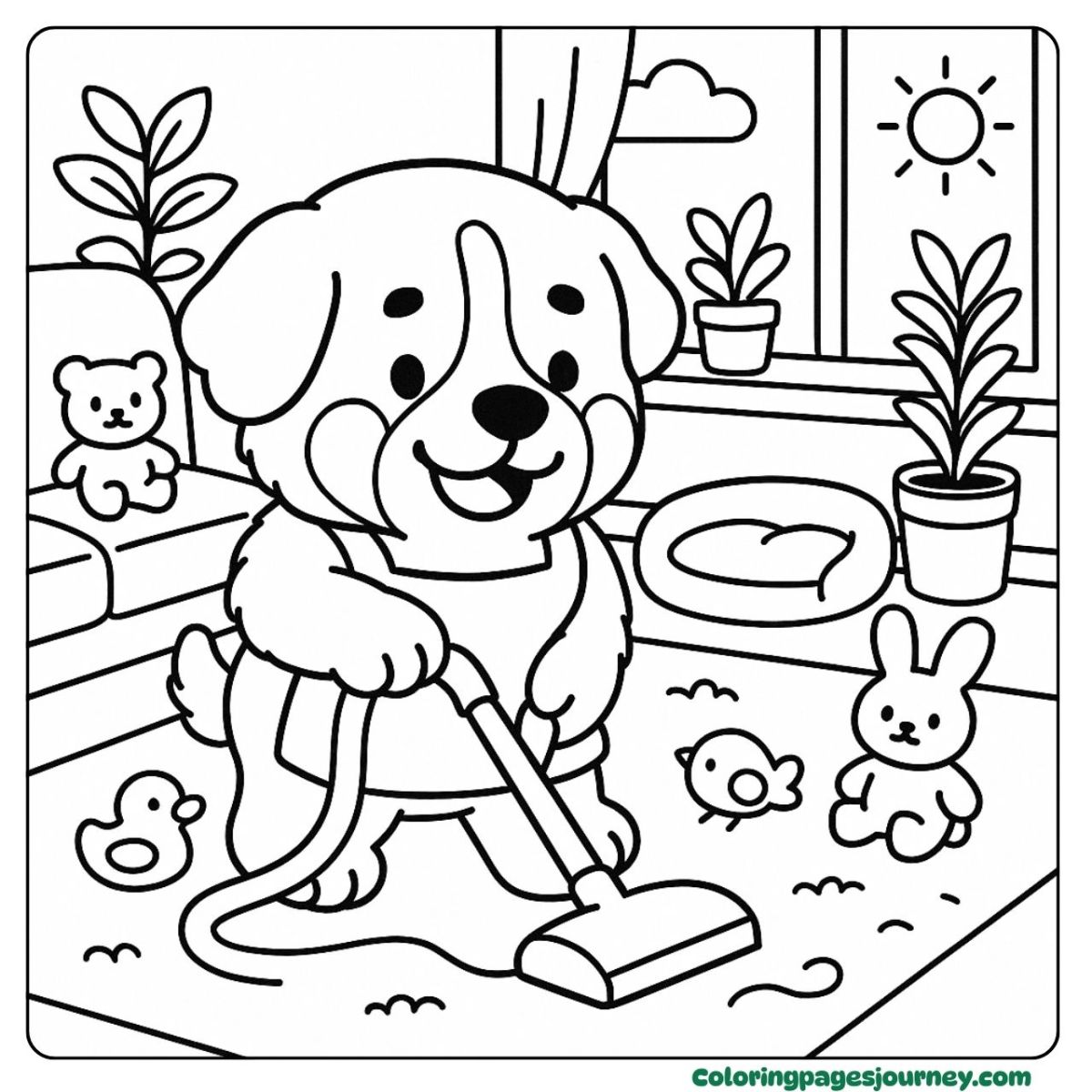 A Bernese mountain Dog coloring page cleaning the living room Playful Bernese mountain Dog coloring page with toys and vacuum