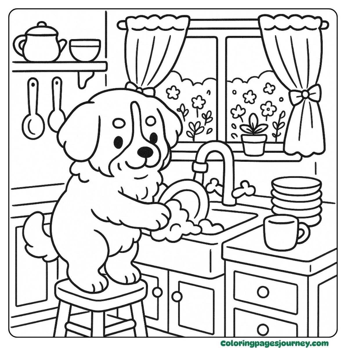 A Bernese mountain Dog coloring page doing dishes cheerfully Kitchen chores Bernese mountain Dog coloring page with bubbles