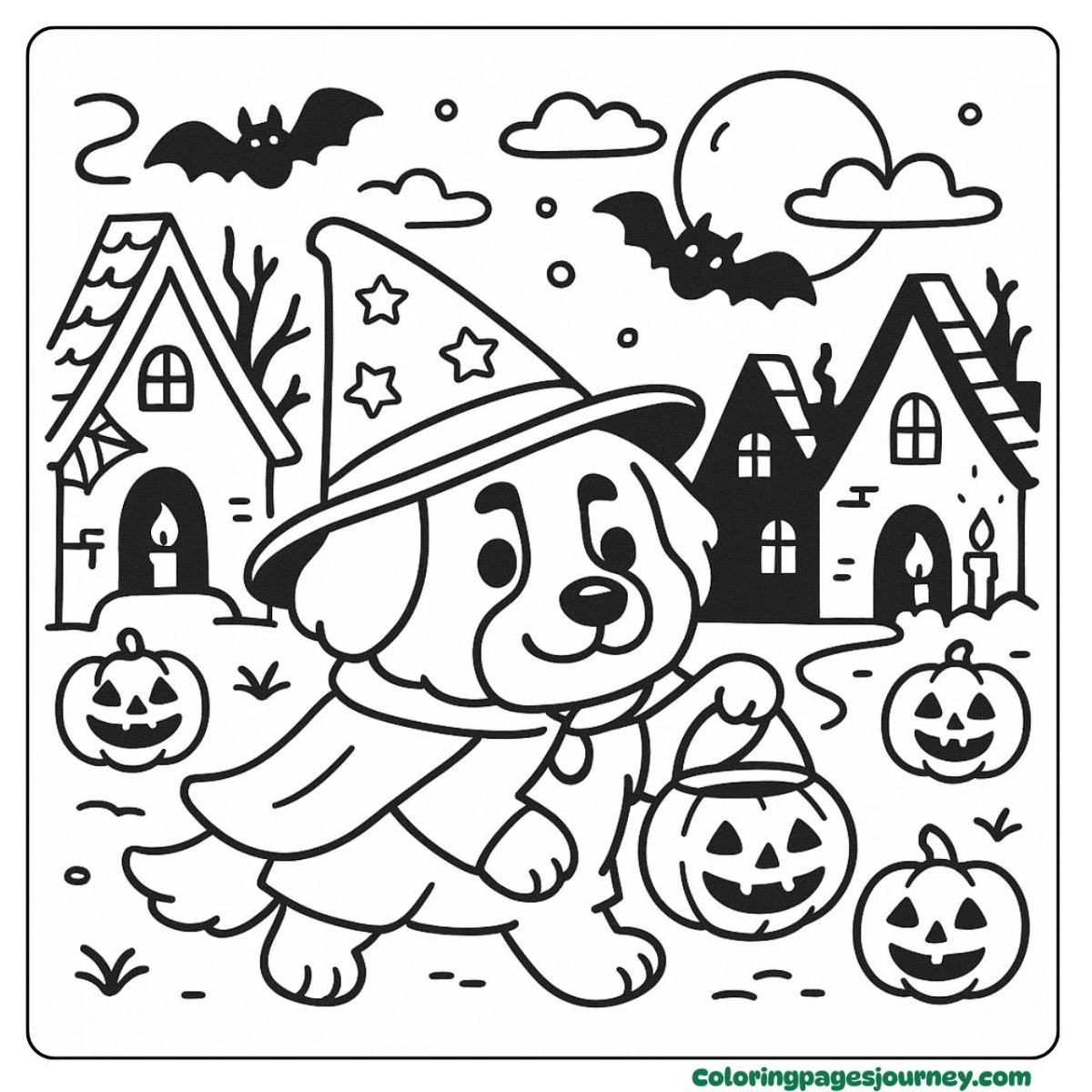 A Bernese mountain Dog coloring page for Halloween adventure Halloween-themed Bernese mountain Dog coloring page with pumpkins