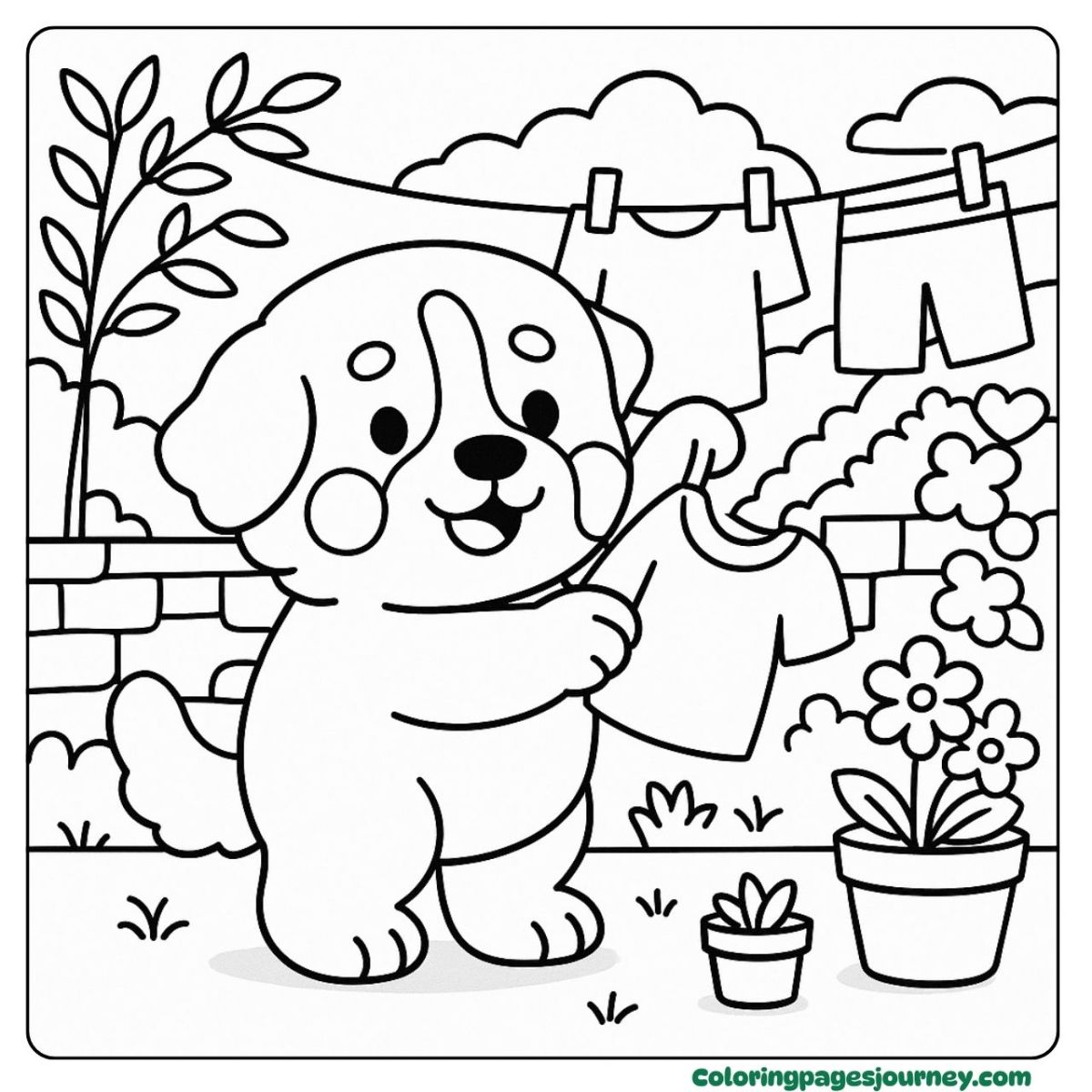 A Bernese mountain Dog coloring page hanging laundry outside Hanging laundry scene in a Bernese mountain Dog coloring page