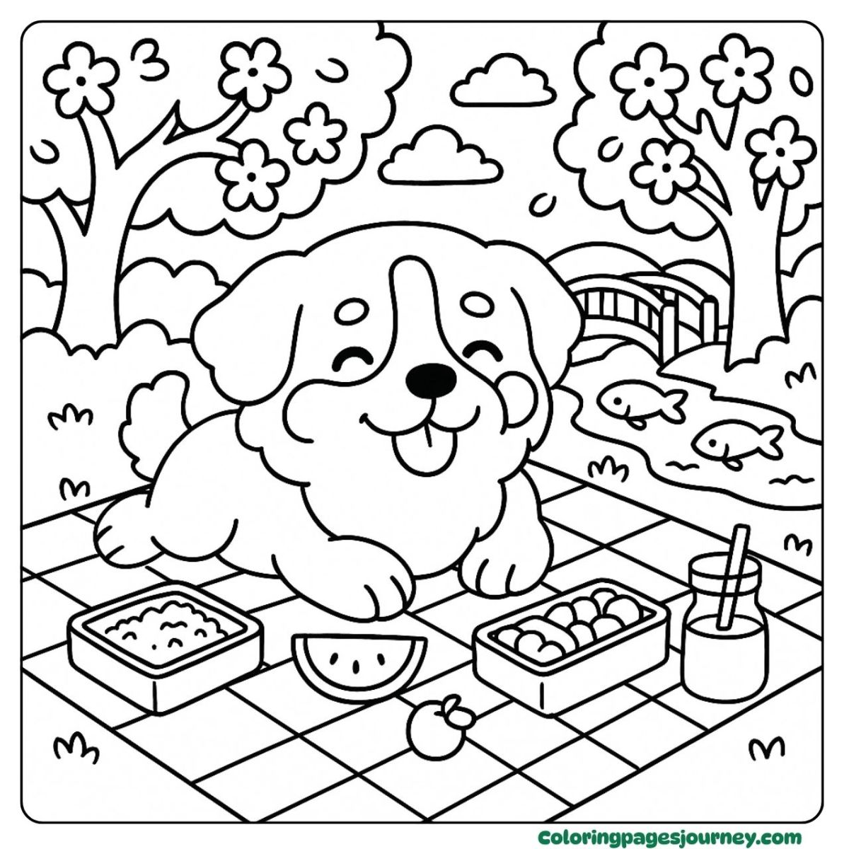 A Bernese mountain Dog coloring page having a fun picnic Picnic scene in a Bernese mountain Dog coloring page