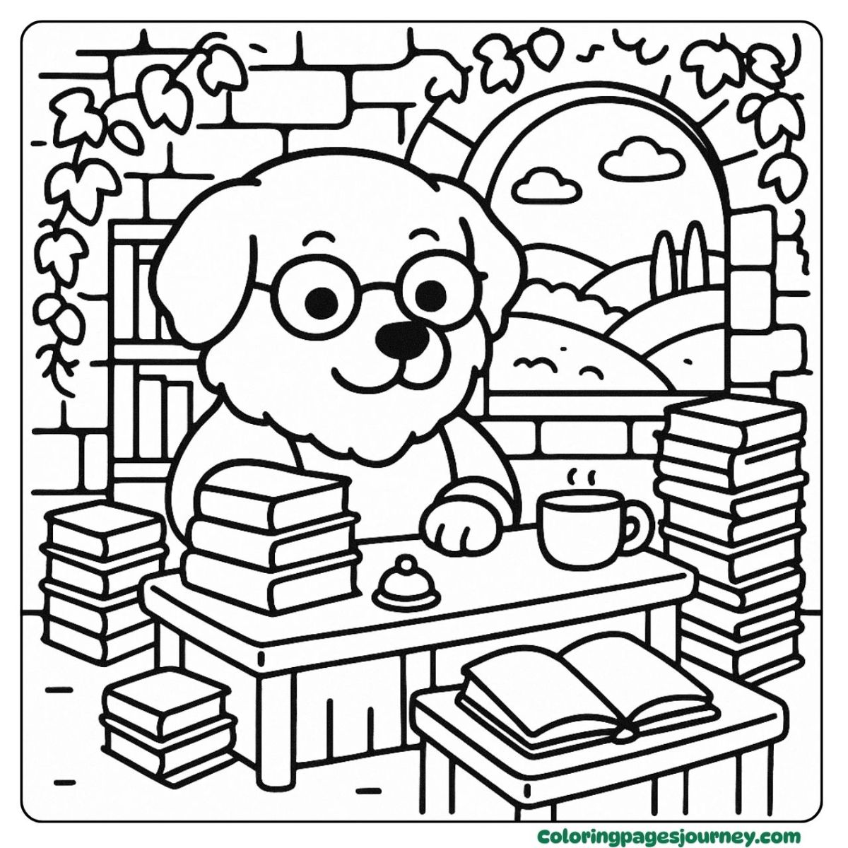 A Bernese mountain Dog coloring page in a cozy bookshop Bookstore setting in a Bernese mountain Dog coloring page