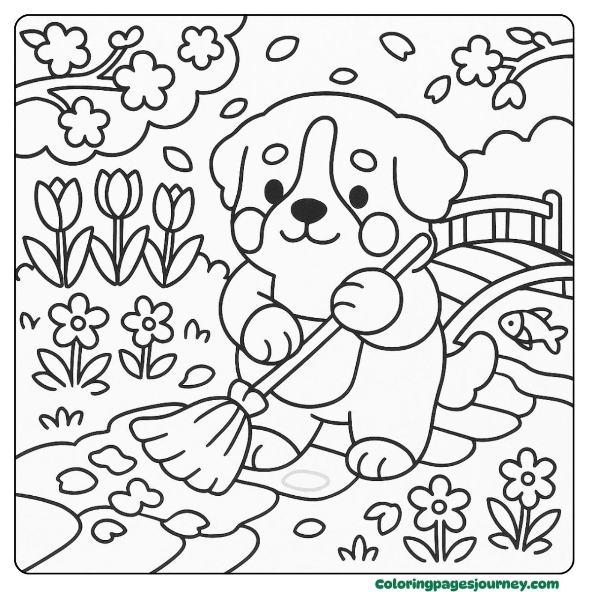 A Bernese mountain Dog coloring page in a peaceful garden Garden cleanup fun in a Bernese mountain Dog coloring page