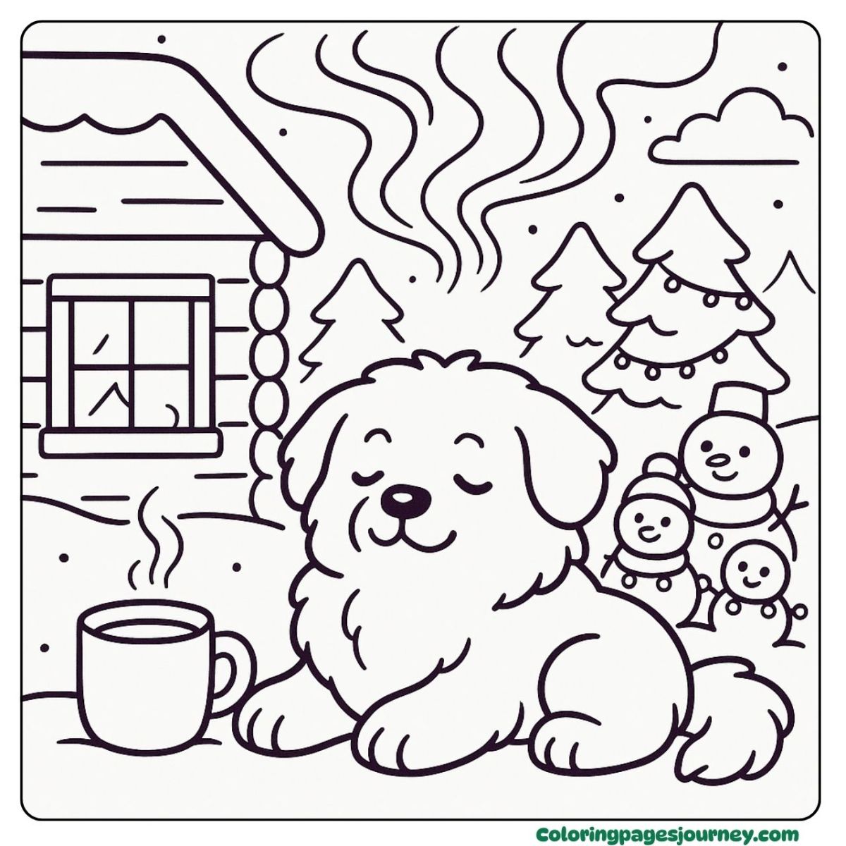 A Bernese mountain Dog coloring page in a winter cabin scene Snowy cabin scene in a Bernese mountain Dog coloring page