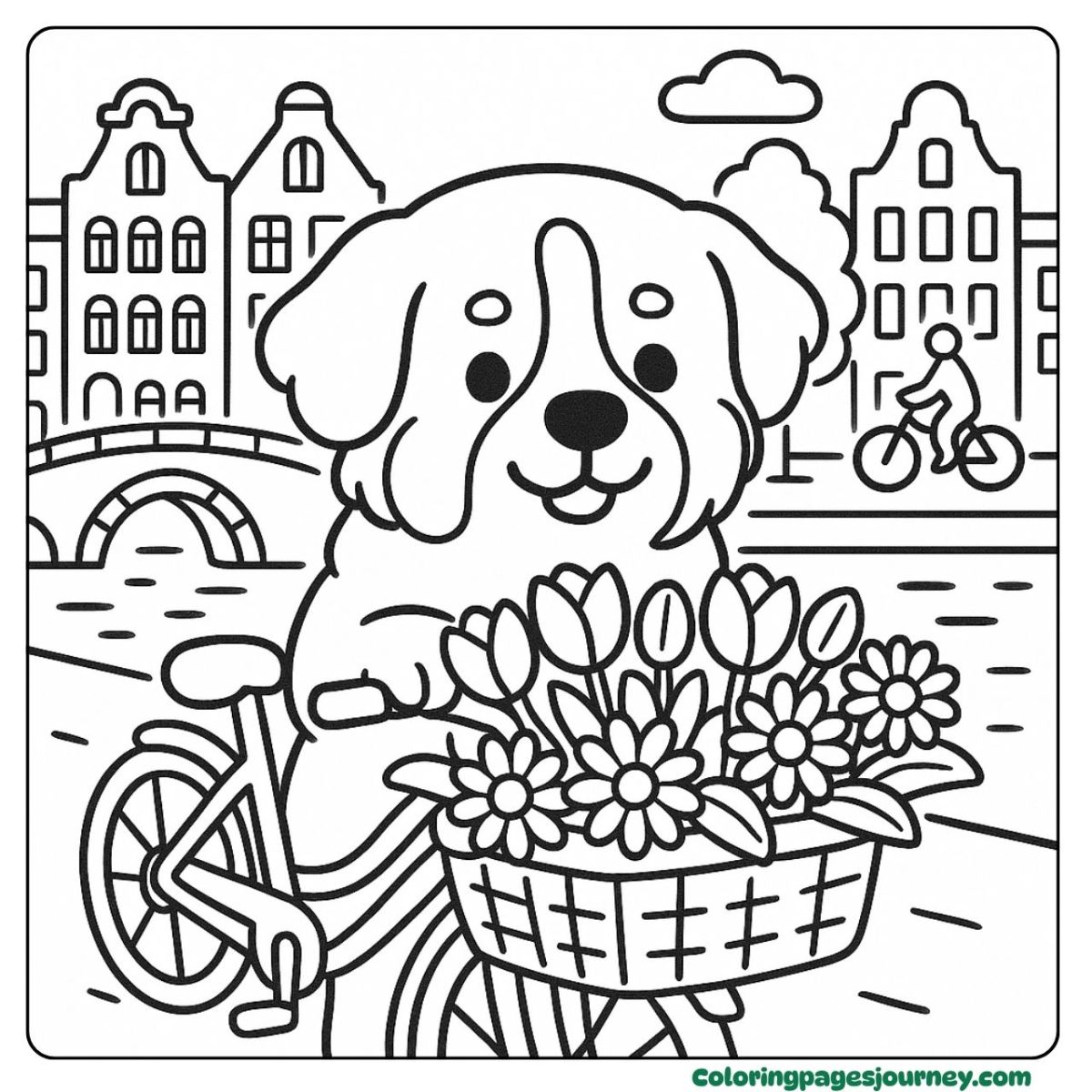 A Bernese mountain Dog coloring page riding a bike with flowers Bernese mountain Dog coloring page in a city with tulips and bike