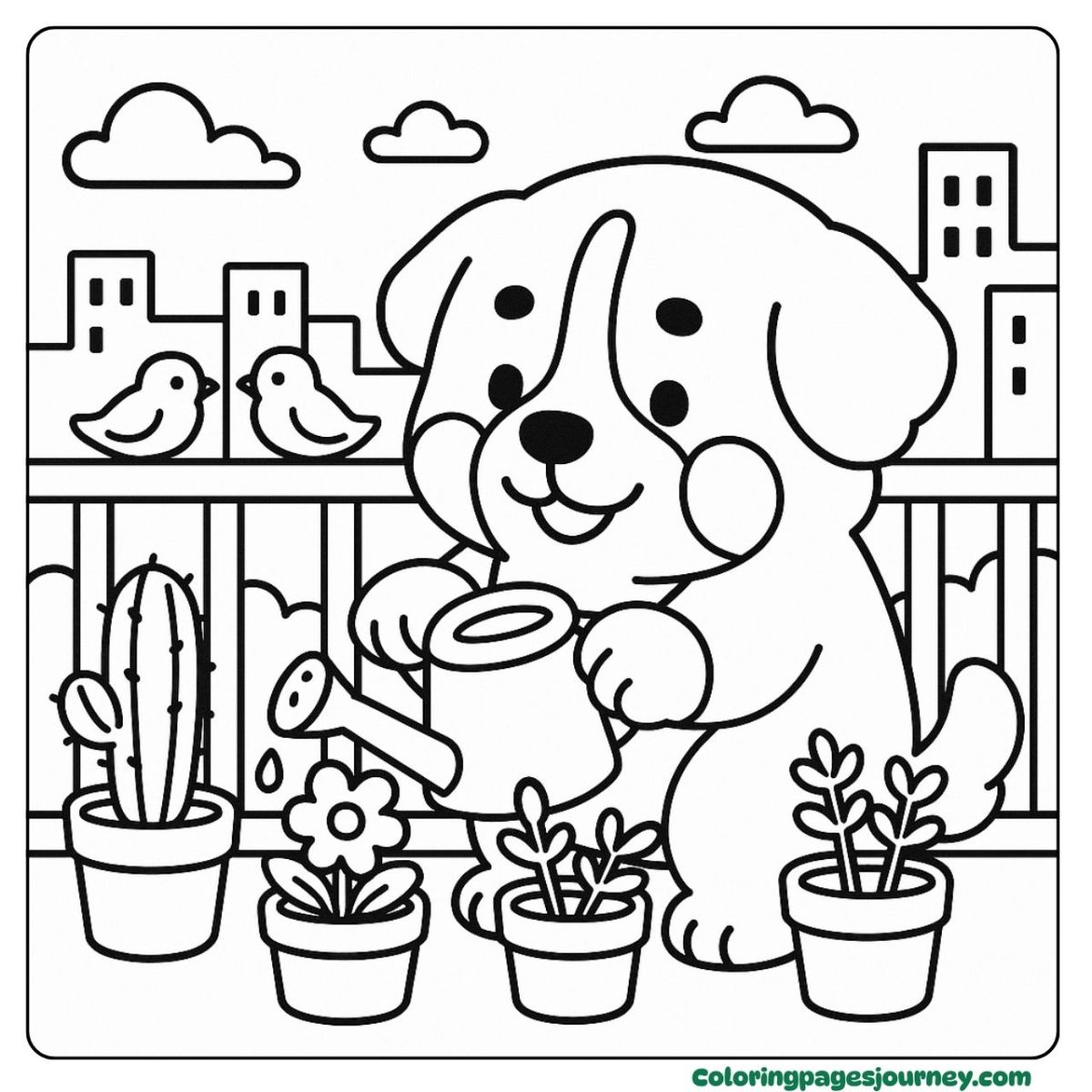 A Bernese mountain Dog coloring page watering balcony plants Balcony garden scene in a Bernese mountain Dog coloring page