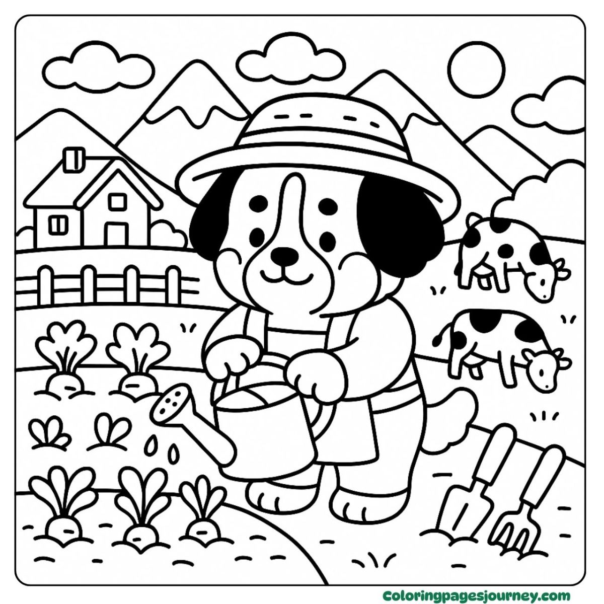 A Bernese mountain Dog coloring page with a farm scene Peaceful farm life in a Bernese mountain Dog coloring page