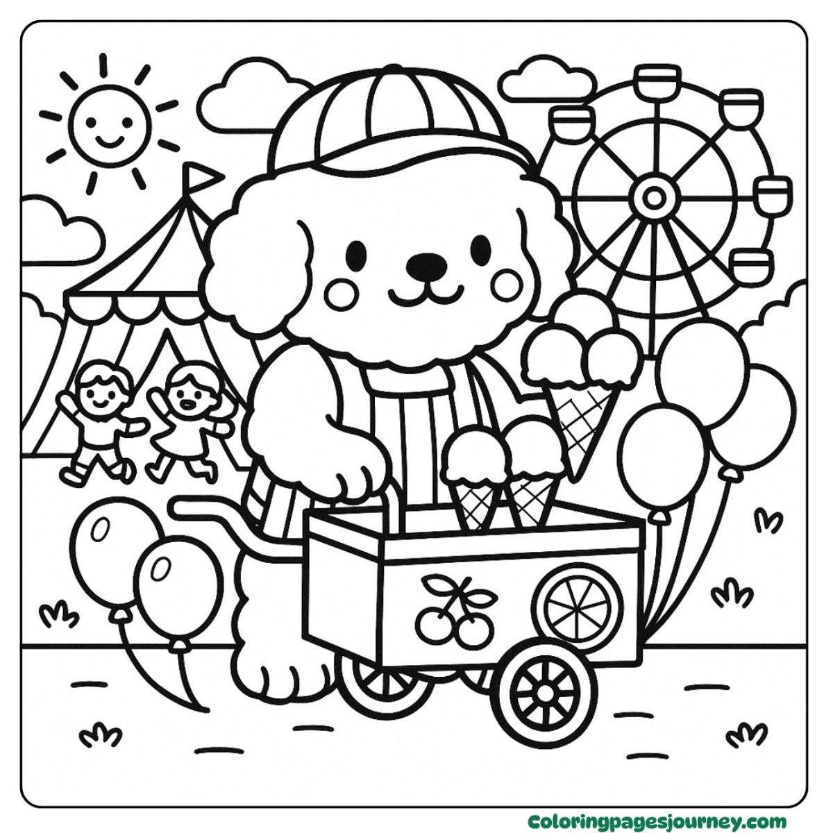 A cute Poodle coloring page at a sunny summer fair A cute Poodle coloring page scooping ice cream treats