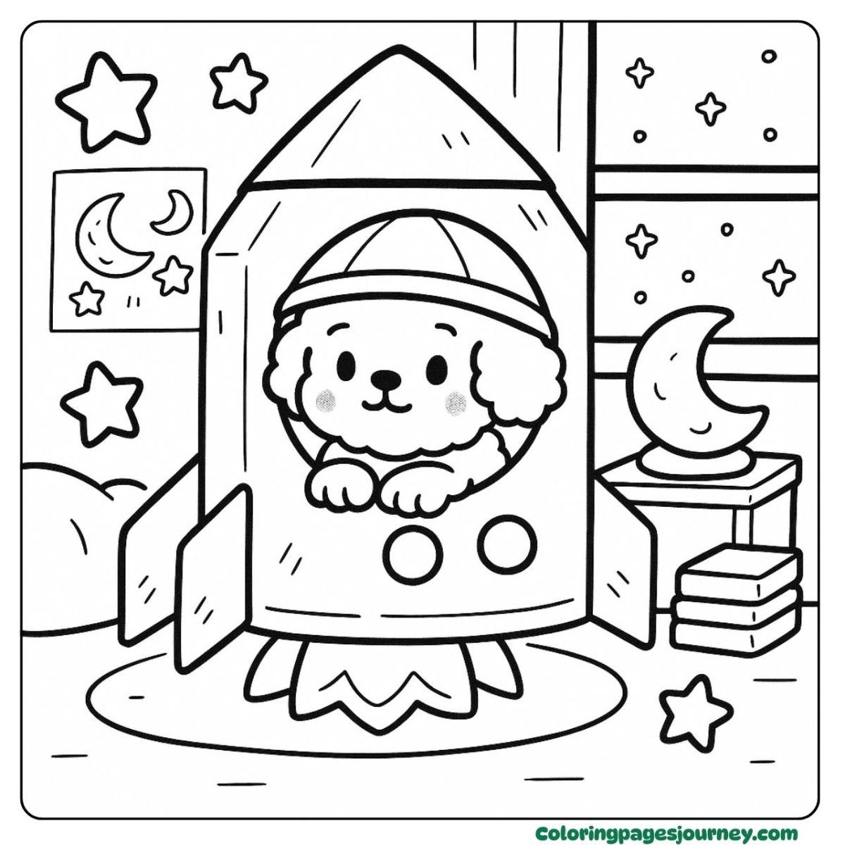 A cute Poodle coloring page dreaming of space adventures A cute Poodle coloring page in a rocket at bedtime