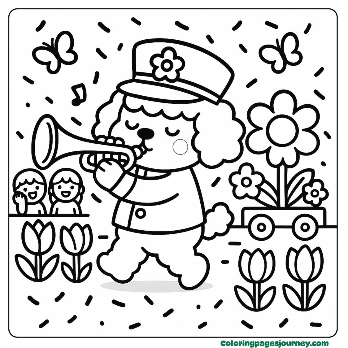 A cute Poodle coloring page leading a happy parade A cute Poodle coloring page with music and flowers