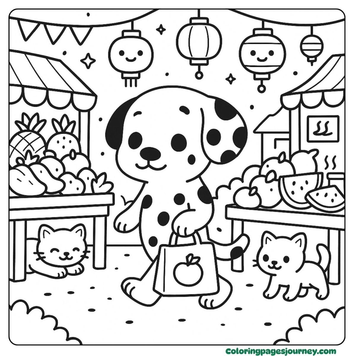 A Dalmatian coloring page at a lantern-lit market A Dalmatian coloring page exploring the fruit market