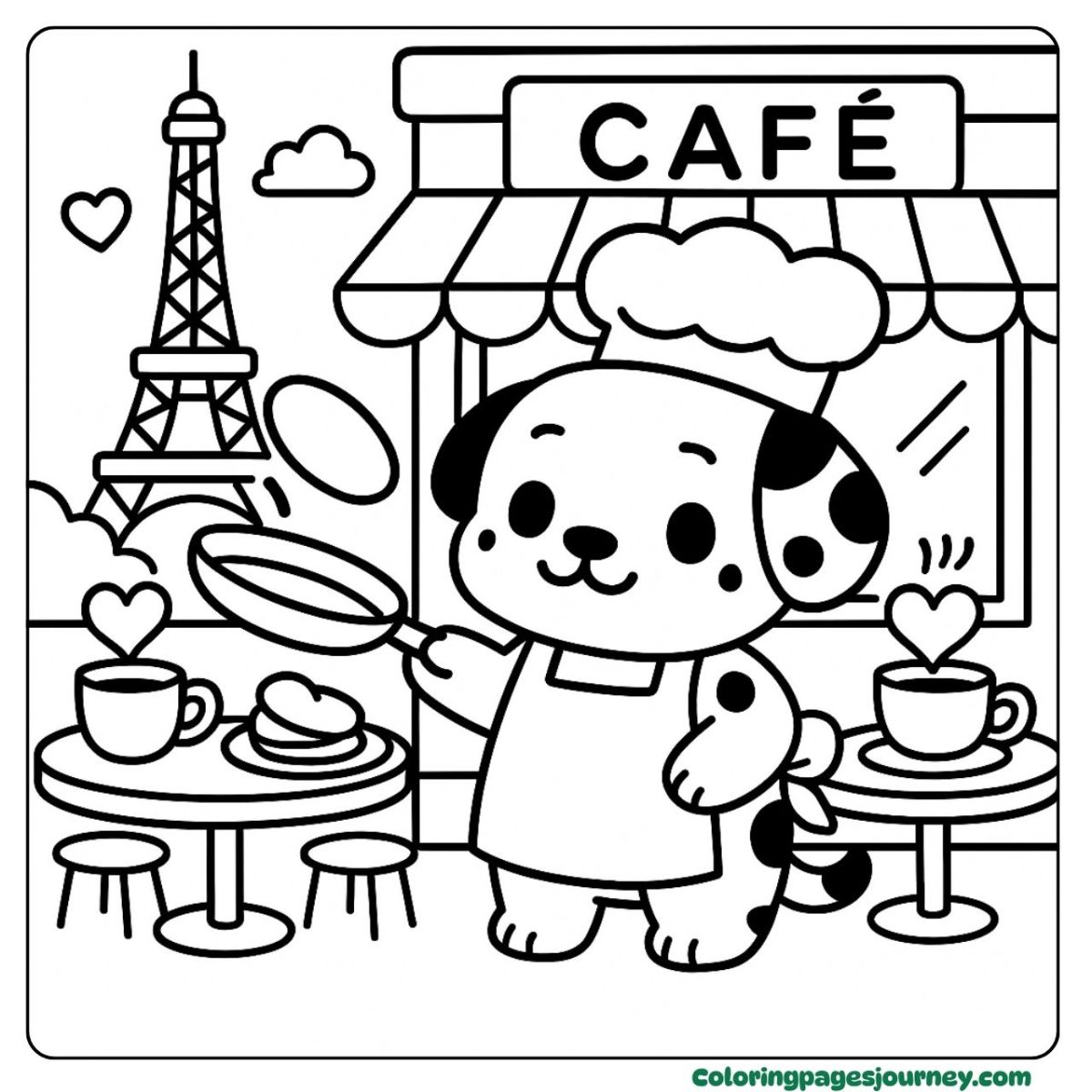 A Dalmatian coloring page at a Paris café scene A Dalmatian coloring page of a French café adventure