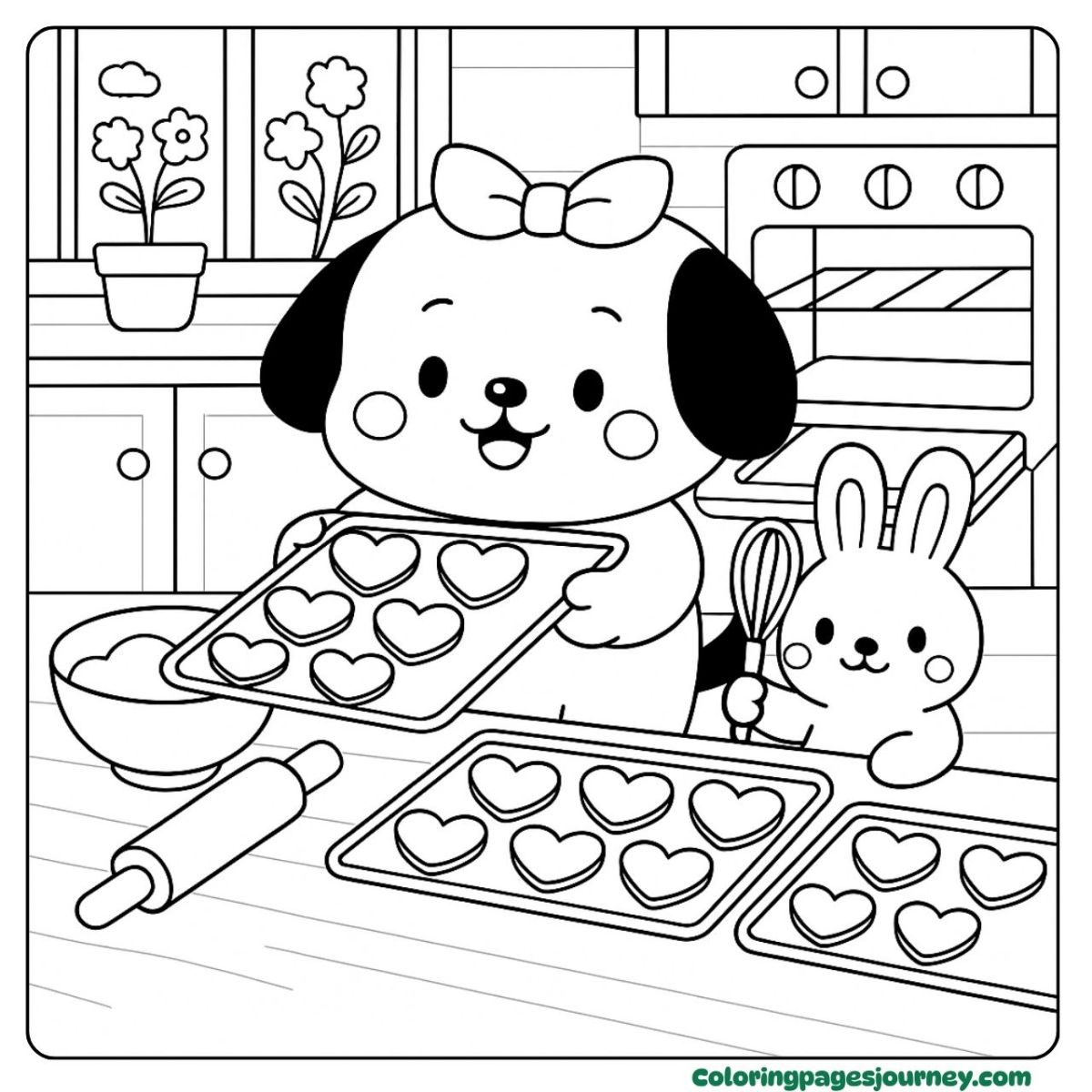 A Dalmatian coloring page baking sweet heart cookies A Dalmatian coloring page with kitchen cookie fun