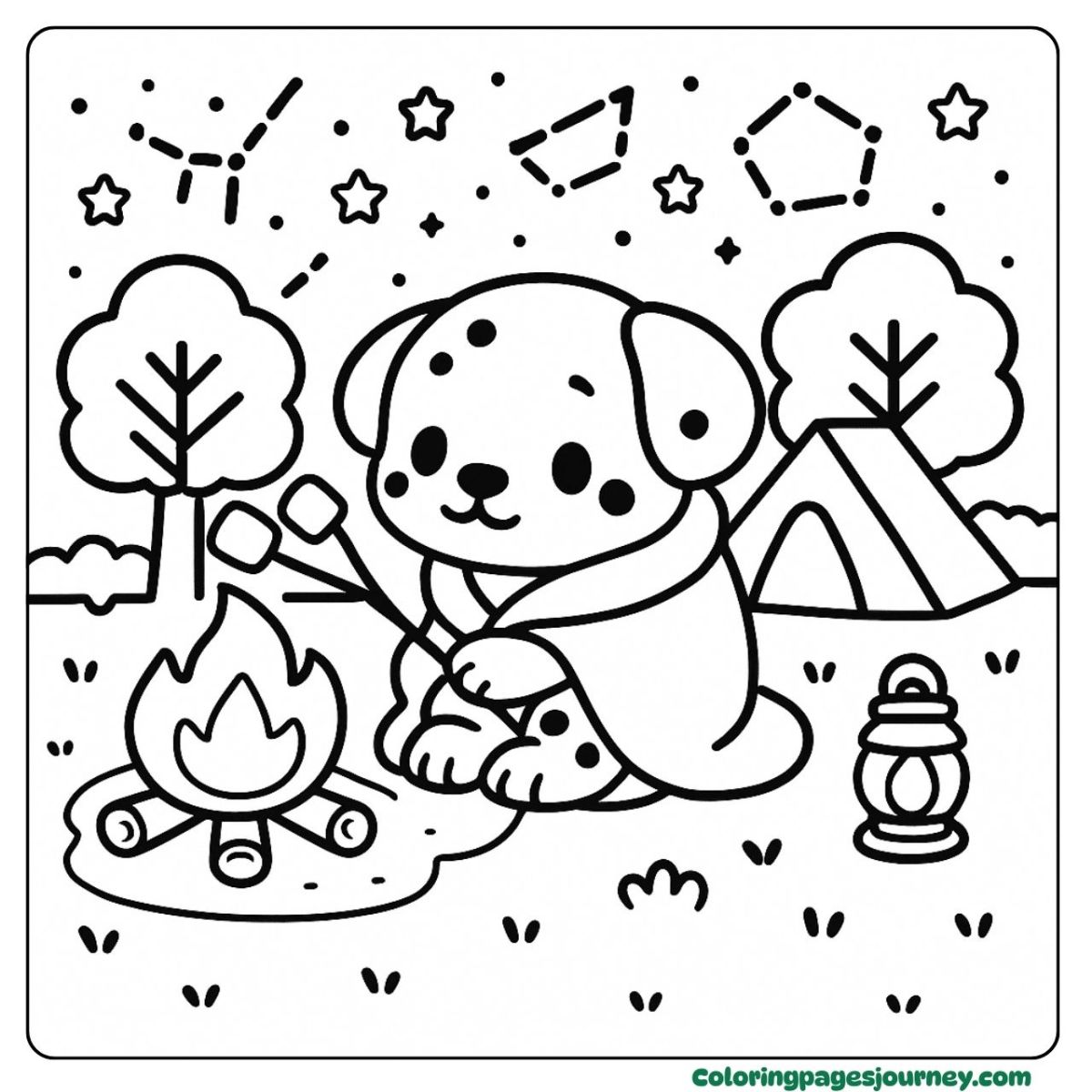 A Dalmatian coloring page by a glowing campfire A Dalmatian coloring page enjoying a starry night