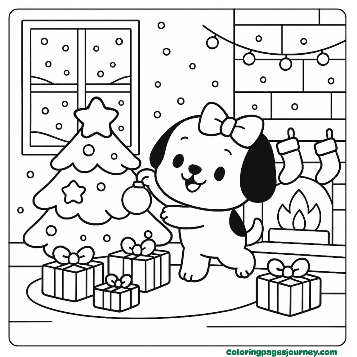 A Dalmatian coloring page decorating for Christmas joy A Dalmatian coloring page with presents and tree