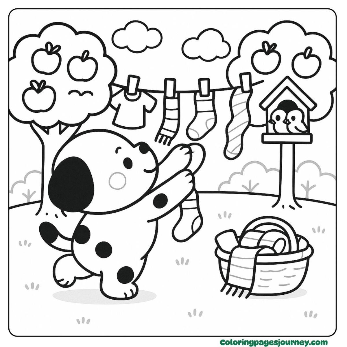 A Dalmatian coloring page helping with sunny laundry day A Dalmatian coloring page with socks and apple trees