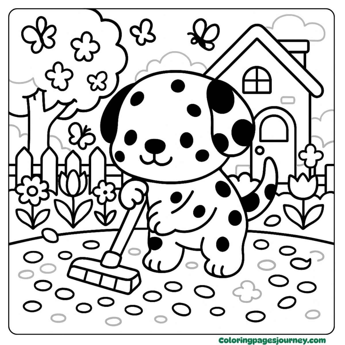 A Dalmatian coloring page in a blooming garden A Dalmatian coloring page with falling leaves and flowers