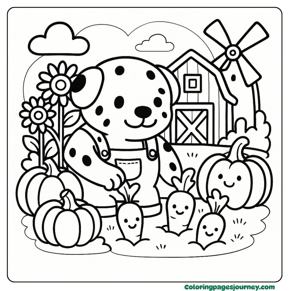 A Dalmatian coloring page in a happy farm garden A Dalmatian coloring page with pumpkins and carrots