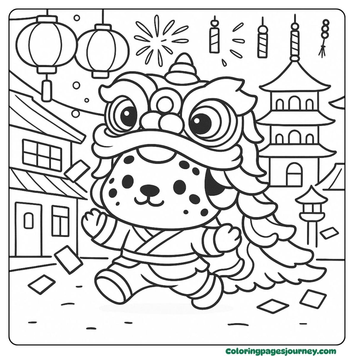 A Dalmatian coloring page in a joyful lion dance parade A Dalmatian coloring page celebrating a lantern festival