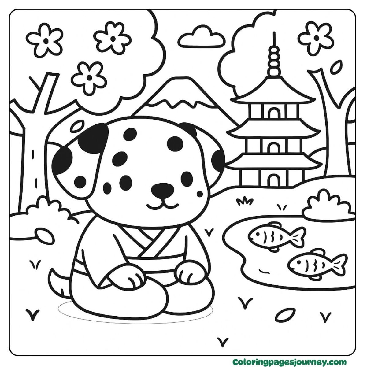 A Dalmatian coloring page in a peaceful garden pond A Dalmatian coloring page with koi and blossoms