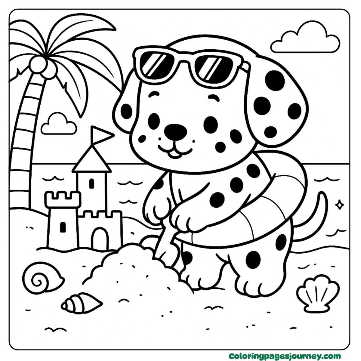 A Dalmatian coloring page on a beach day adventure A Dalmatian coloring page building sandcastles