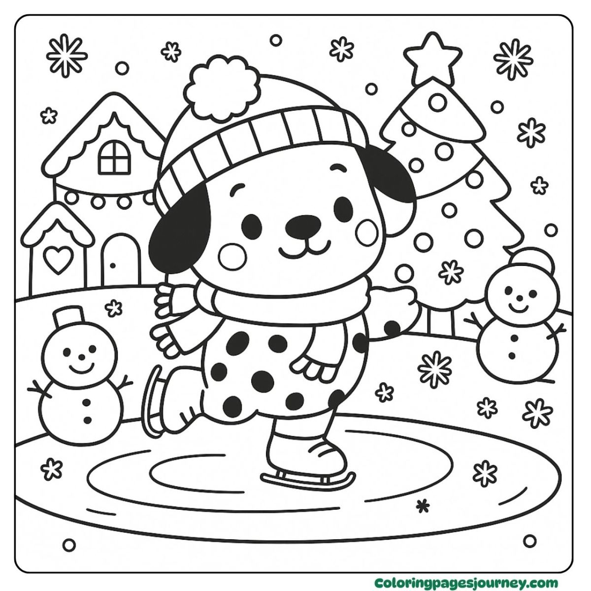 A Dalmatian coloring page skating through winter joy A Dalmatian coloring page in a snowy Christmas village