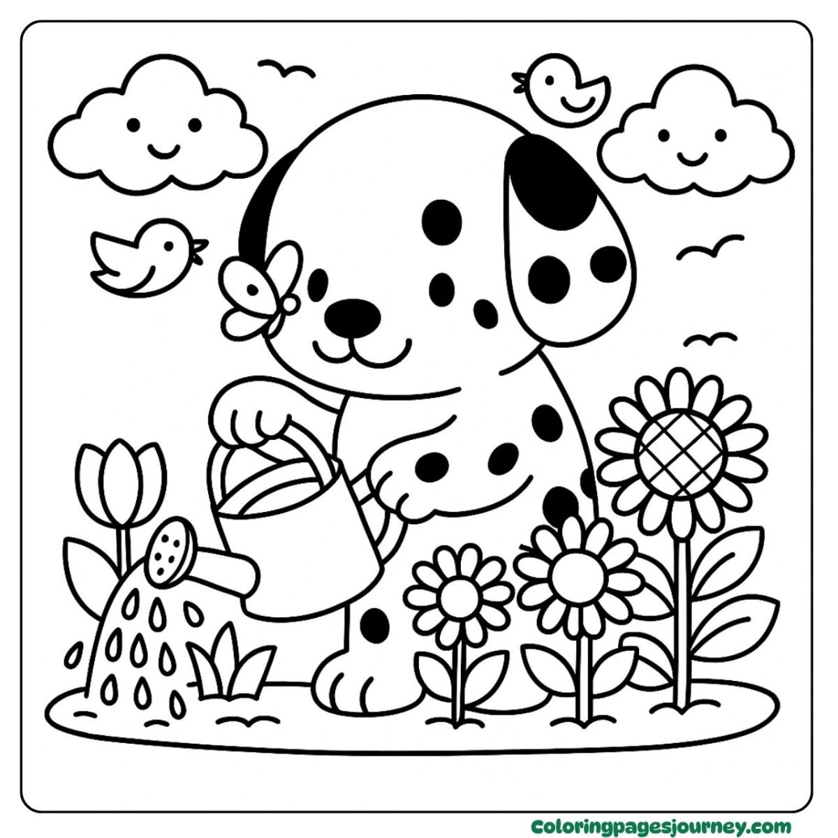 A Dalmatian coloring page watering happy garden flowers A Dalmatian coloring page with sunshine and blooms