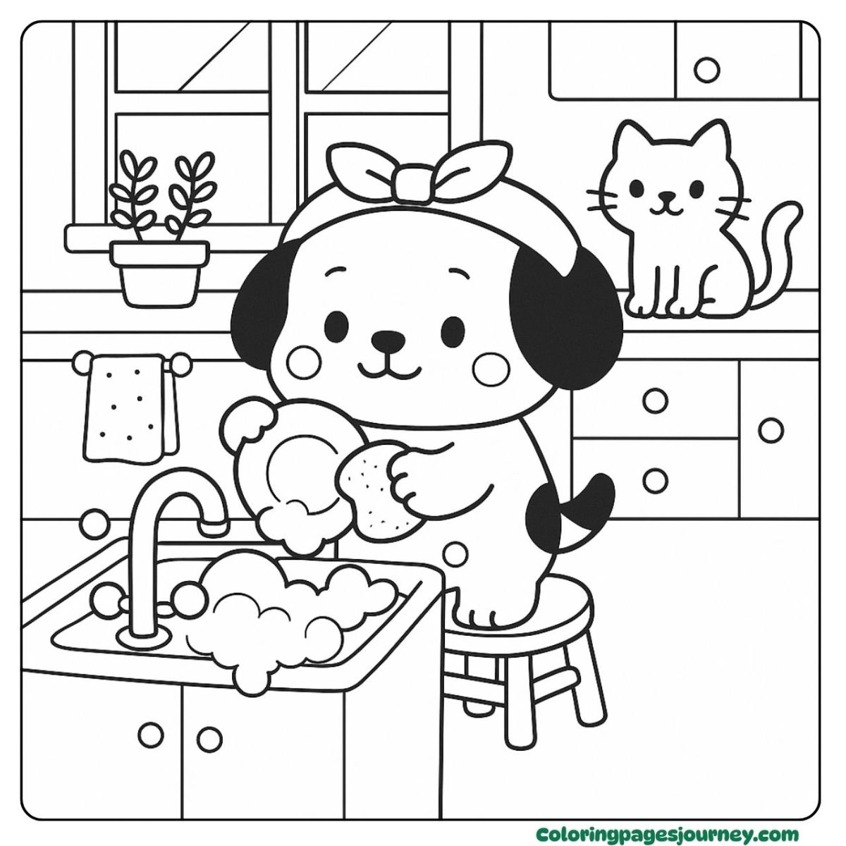 A Dalmatian coloring page with chores in the kitchen A Dalmatian coloring page showing a bubbly sink moment