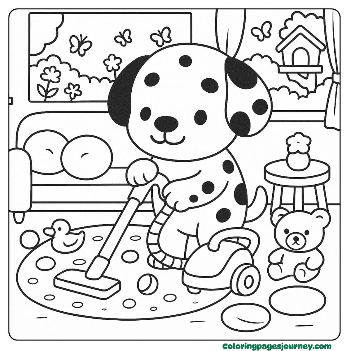 A Dalmatian coloring page with cozy home cleanup A Dalmatian coloring page showing a tidy indoor day