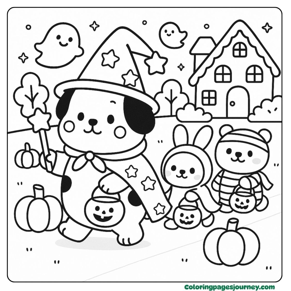 A Dalmatian coloring page with cute Halloween fun A Dalmatian coloring page featuring trick-or-treat night