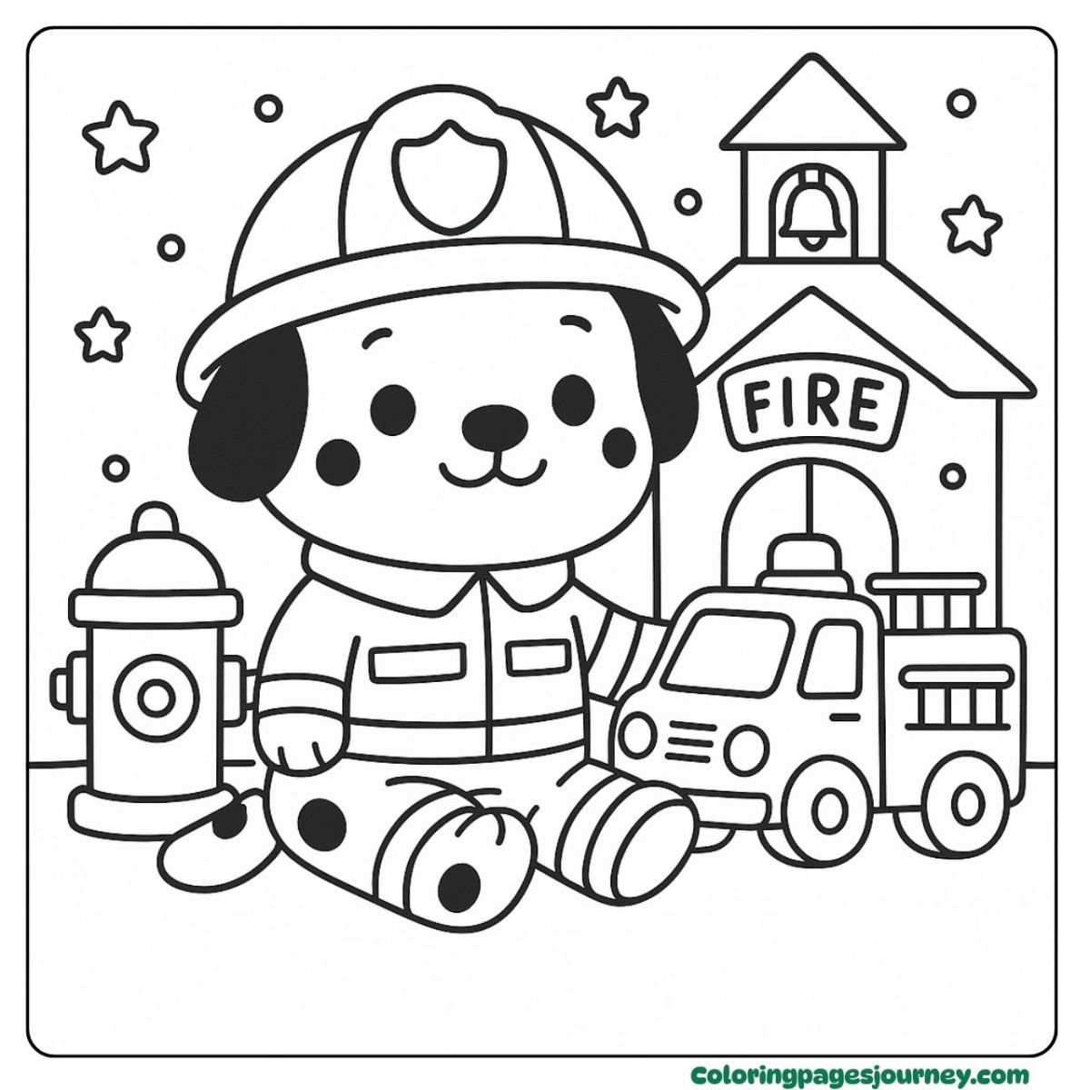 A Dalmatian coloring page with fire station pretend play A Dalmatian coloring page dressed as a firefighter