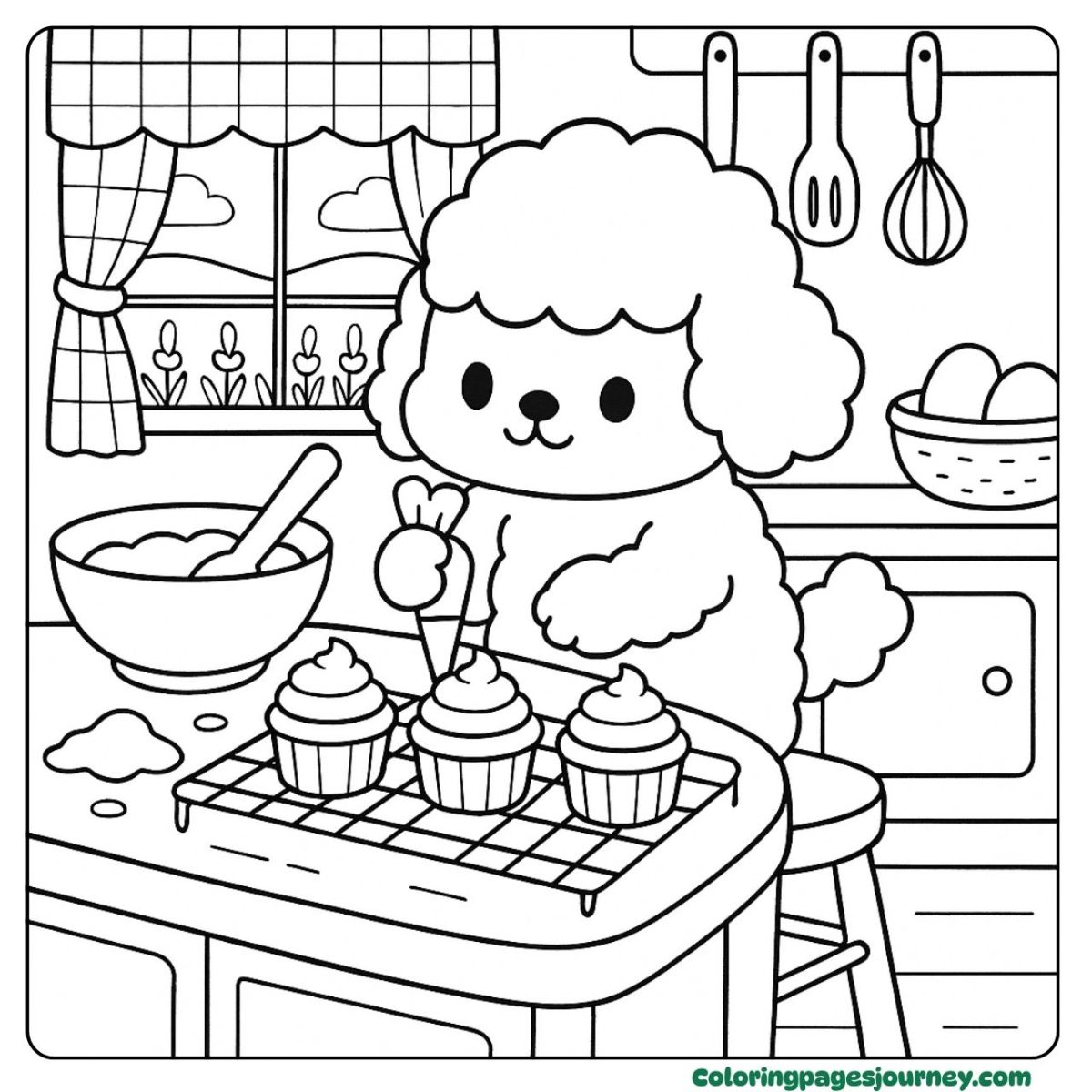 A Poodle coloring page baking sweet cupcakes at home A Poodle coloring page icing cupcakes in the kitchen