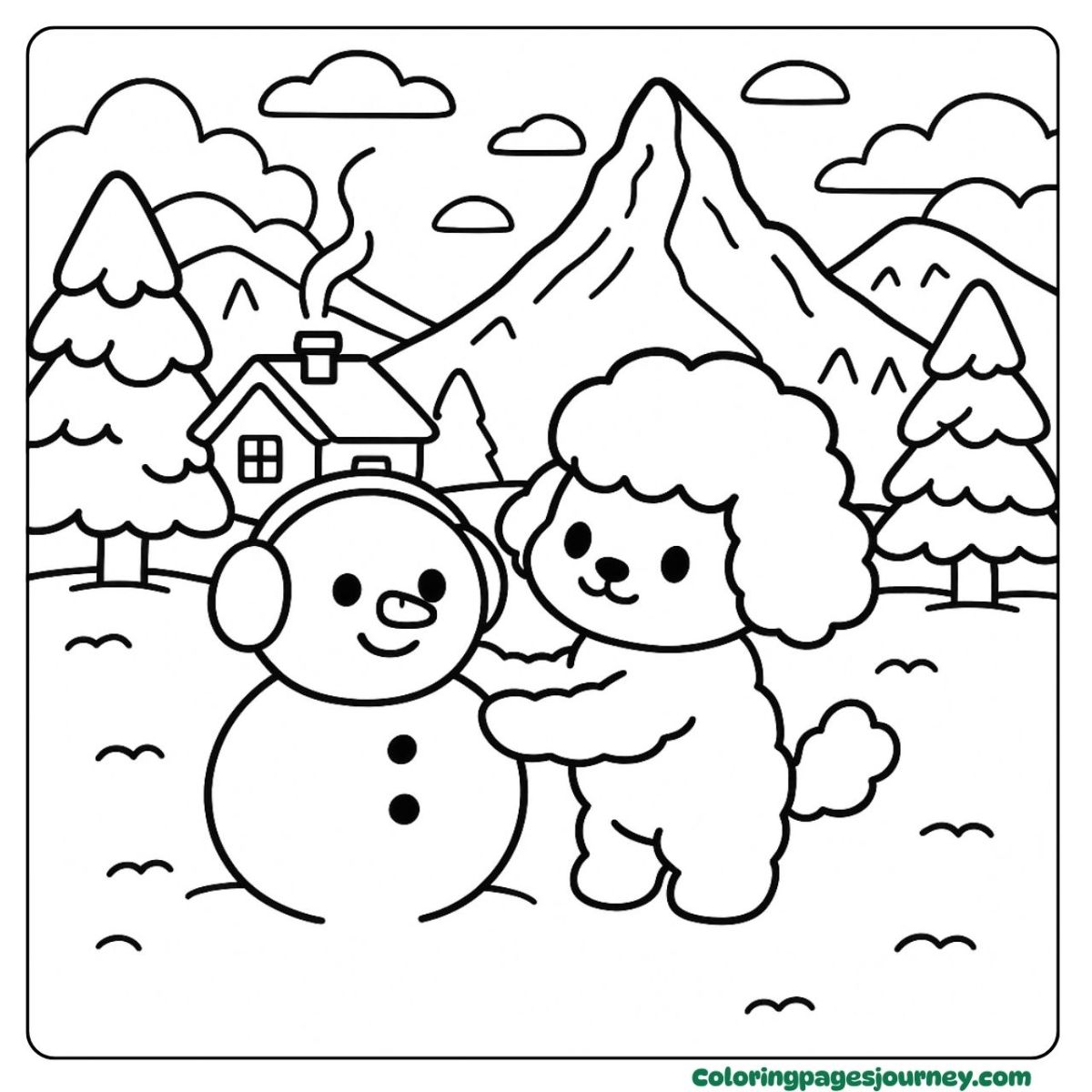 A Poodle coloring page building a snowman in winter A Poodle coloring page playing in the snowy forest