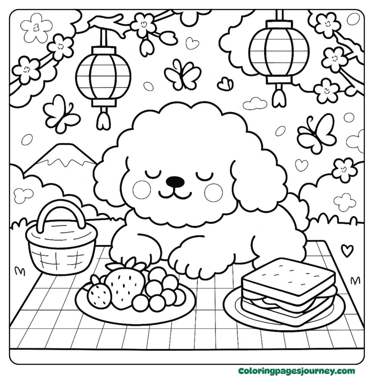 A Poodle coloring page enjoying a peaceful spring picnic A Poodle coloring page relaxing at a cherry blossom picnic