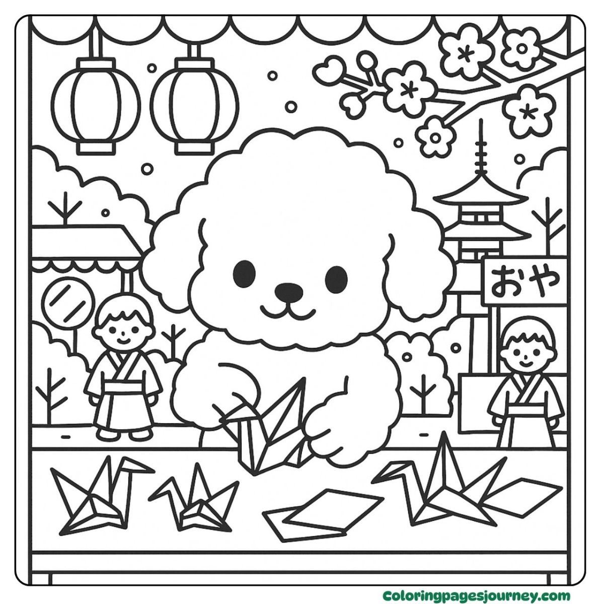 A Poodle coloring page folding origami at a Japanese fair A Poodle coloring page enjoying traditional paper folding