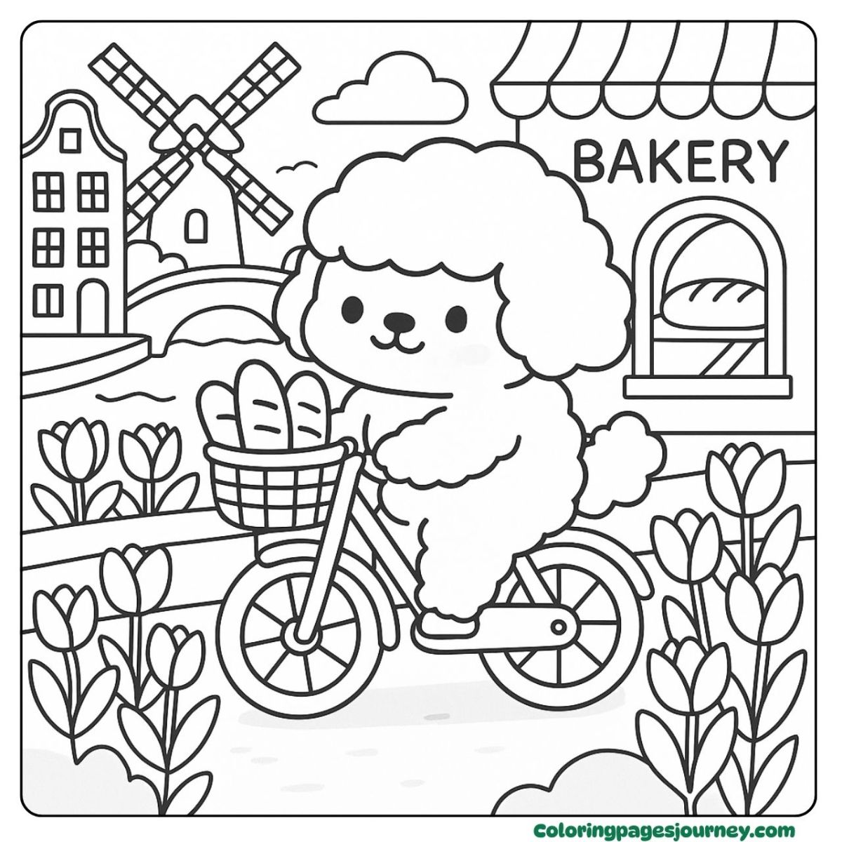A Poodle coloring page on a bicycle bread run A Poodle coloring page riding bike with baguettes