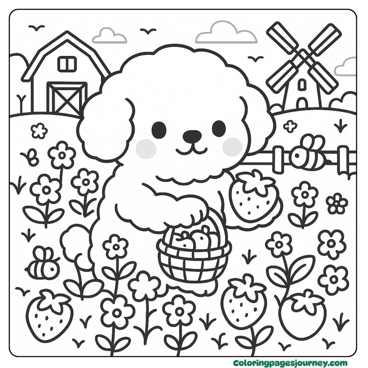 A Poodle coloring page picking strawberries on the farm A Poodle coloring page in a flower and berry field