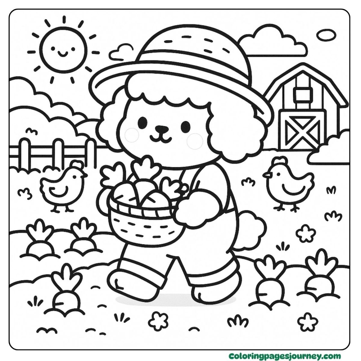A Poodle coloring page picking vegetables on the farm A Poodle coloring page harvesting carrots in the garden