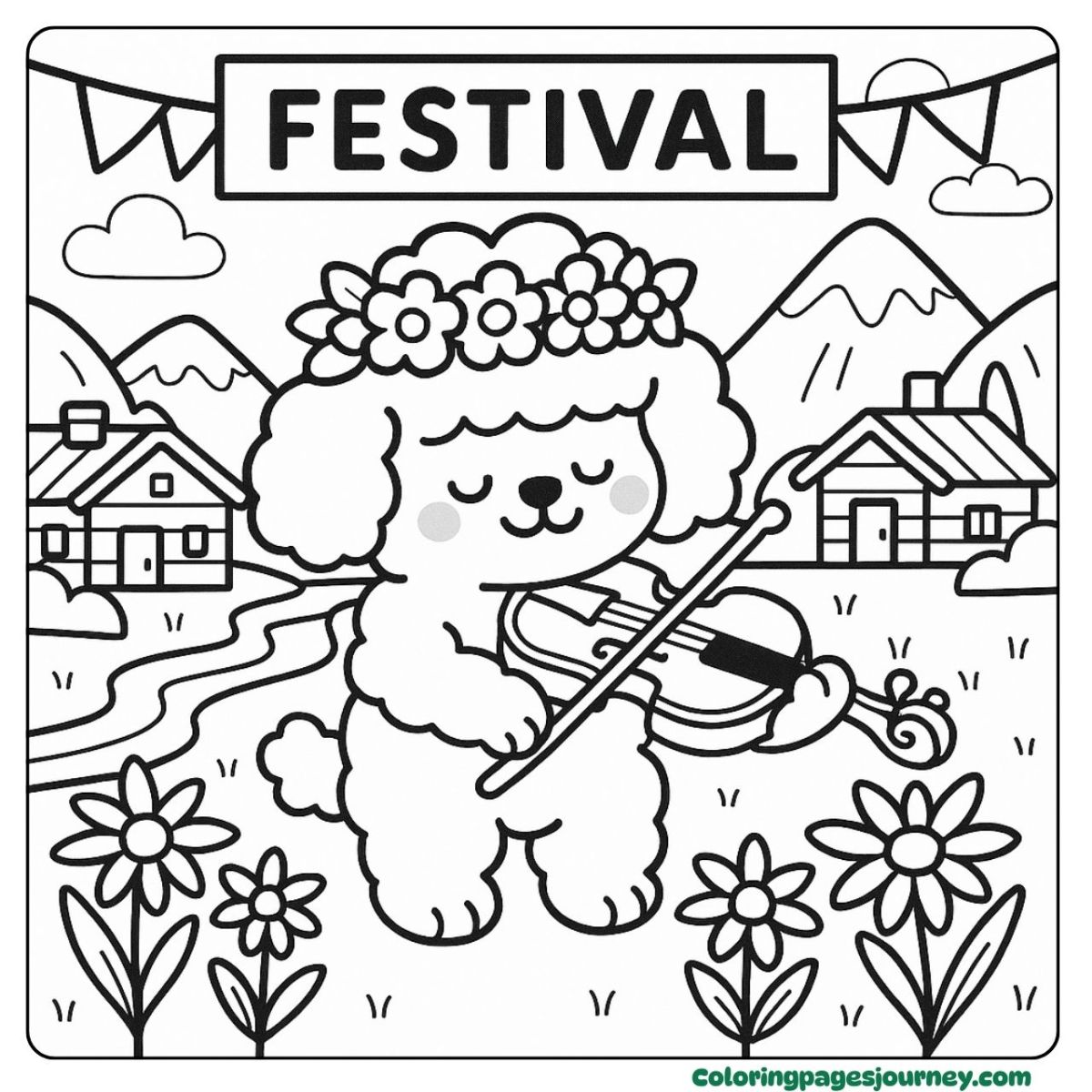 A Poodle coloring page playing violin at the village fest A Poodle coloring page enjoying a mountain festival